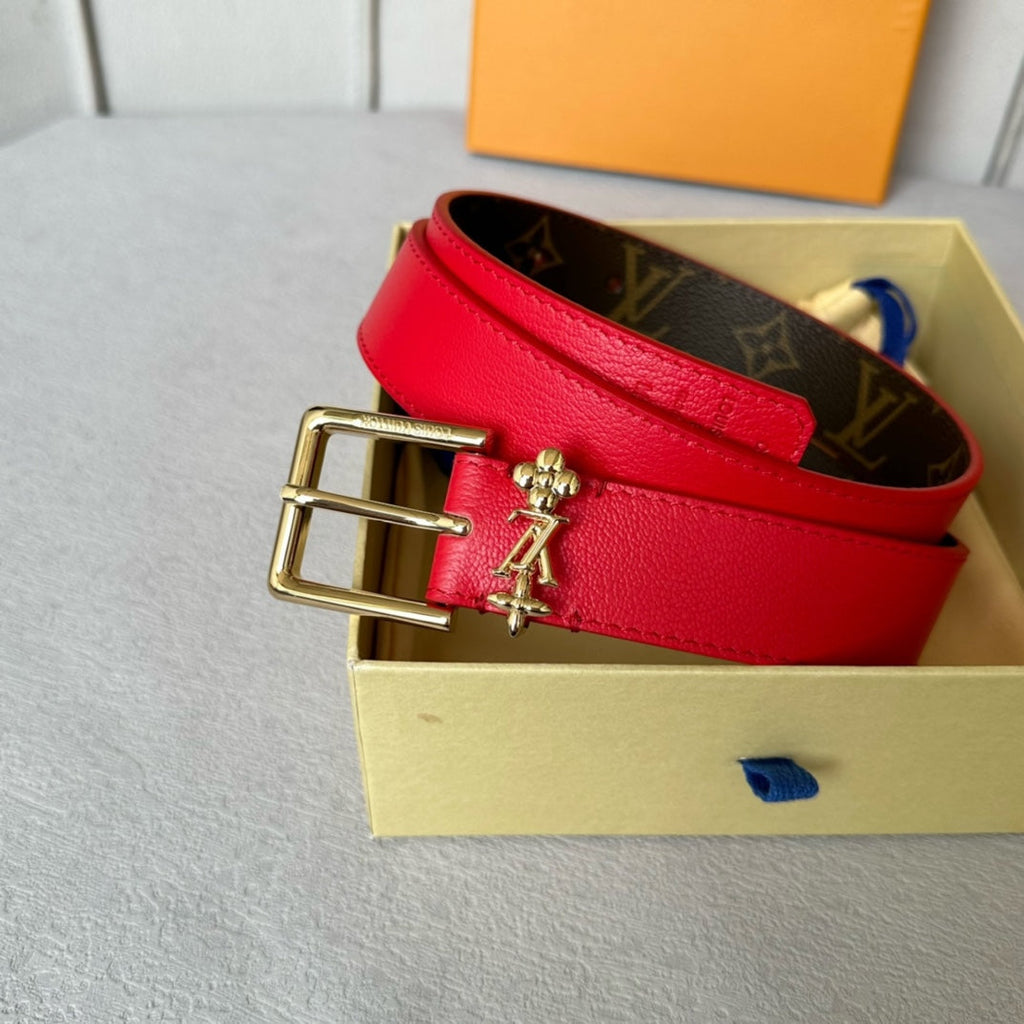 LOUIS VUITTON LV Bloom 30mm Belt Gold Buckle Red Brown Leather