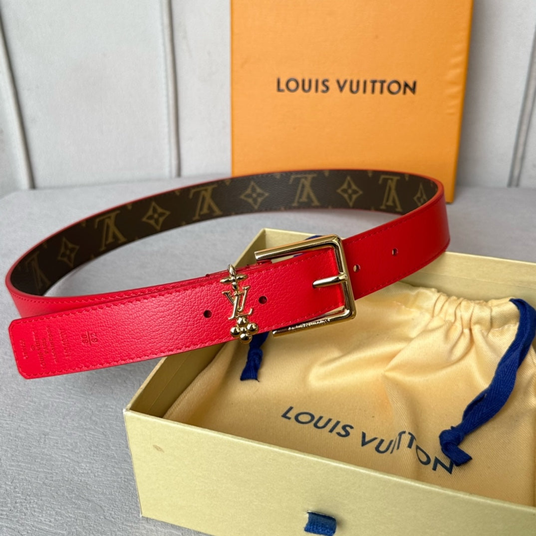 LOUIS VUITTON LV BLOOM 30MM BELT IN ROSE RED CALFSKIN GOLD HARDWARE