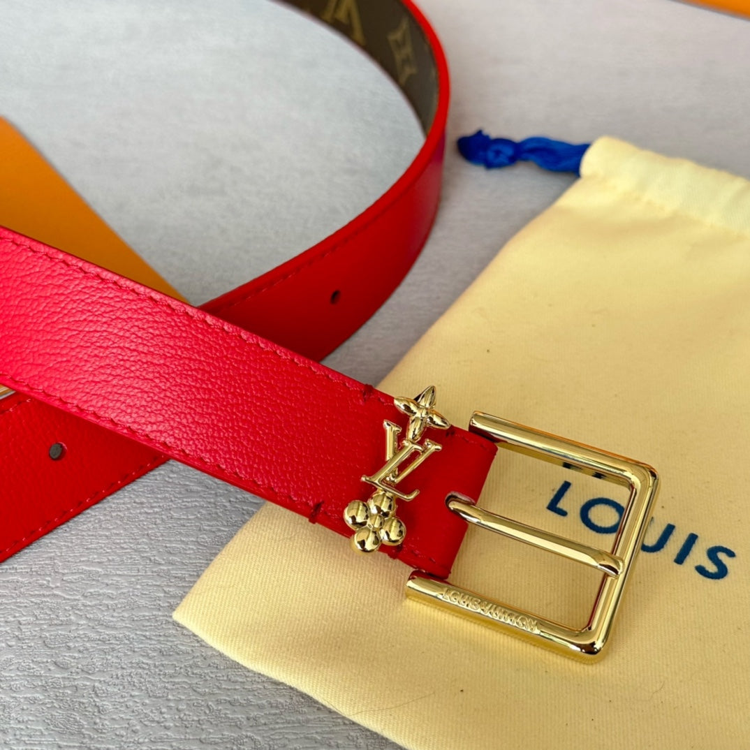 LOUIS VUITTON LV Bloom 30mm Belt Gold Buckle Red Brown Leather