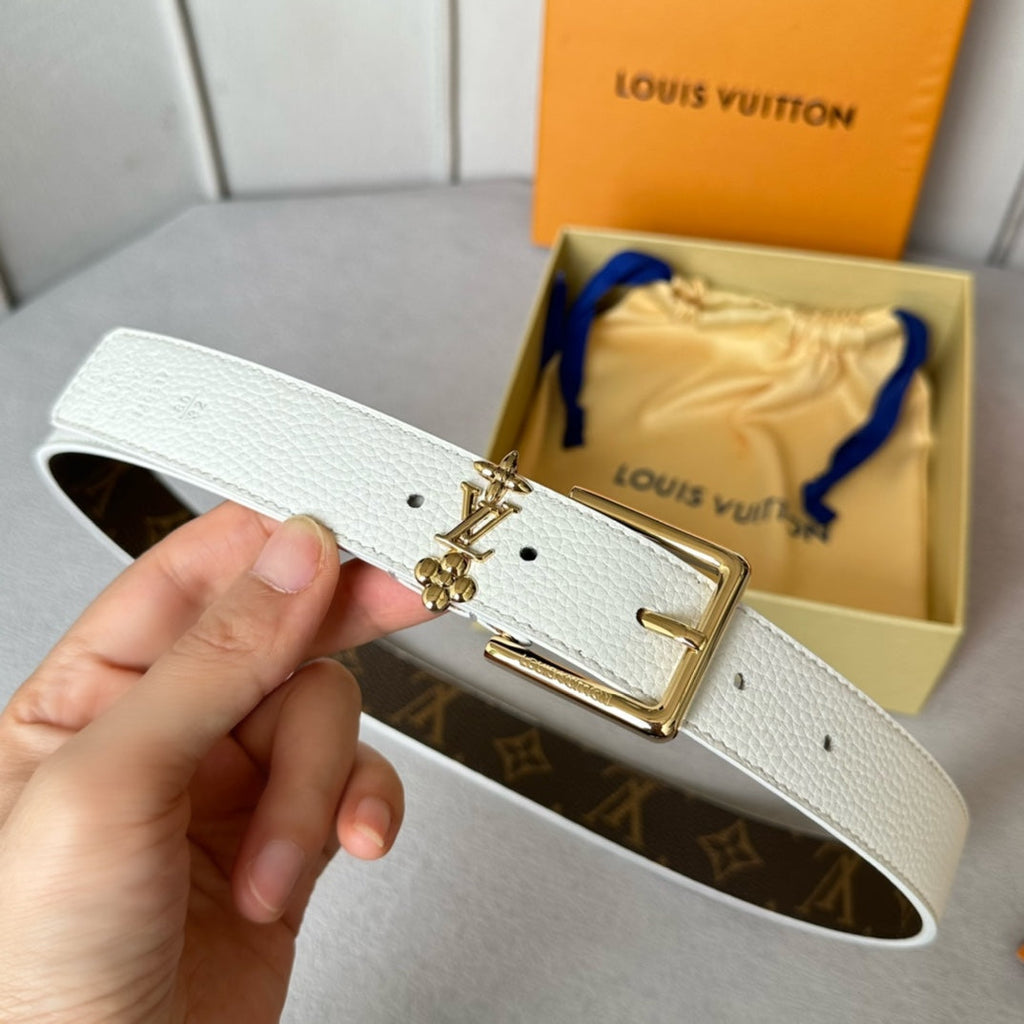 LOUIS VUITTON LV Bloom 30mm Belt Gold Buckle White Brown Leather