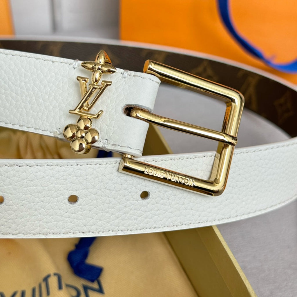 LOUIS VUITTON LV BLOOM 30MM BELT IN WHITE CALFSKIN GOLD HARDWARE