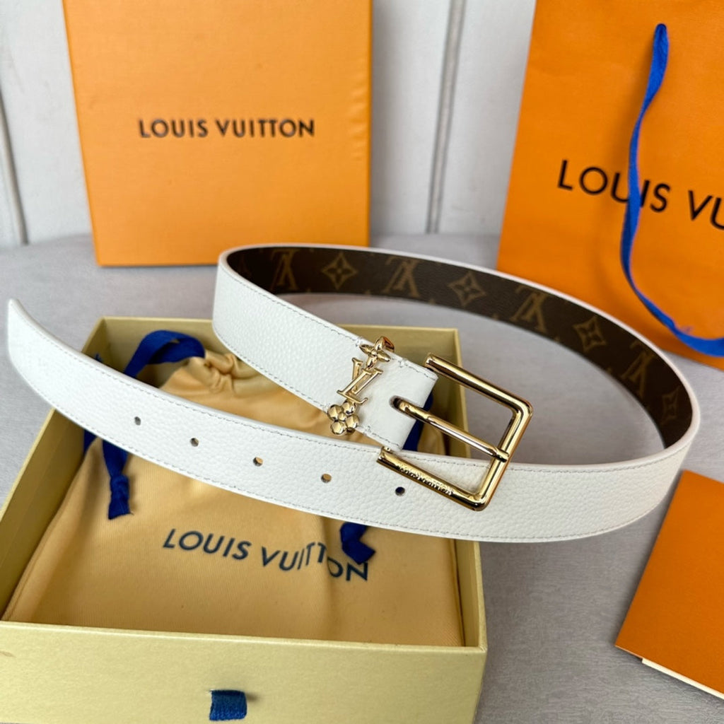 LOUIS VUITTON LV Bloom 30mm Belt Gold Buckle White Brown Leather