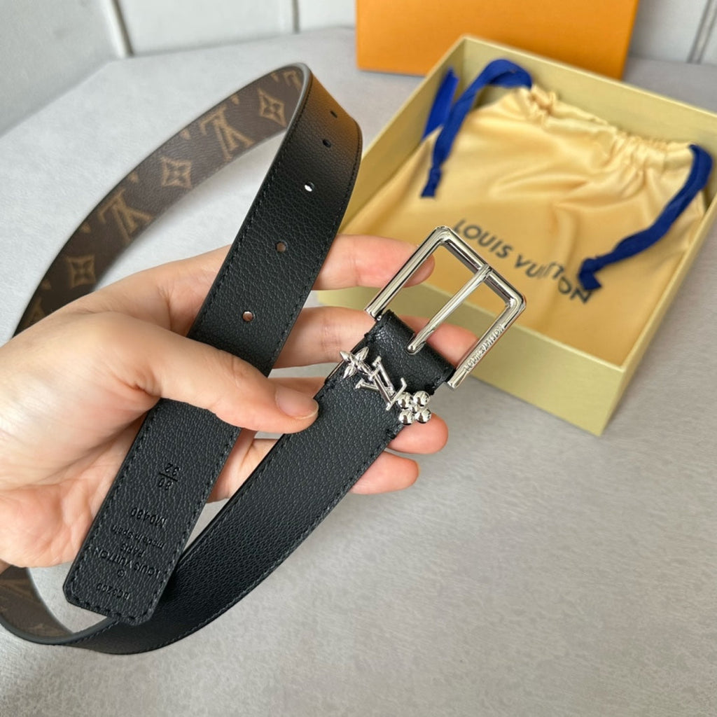 LOUIS VUITTON LV BLOOM 30MM BELT IN BLACK CALFSKIN SILVER HARDWARE