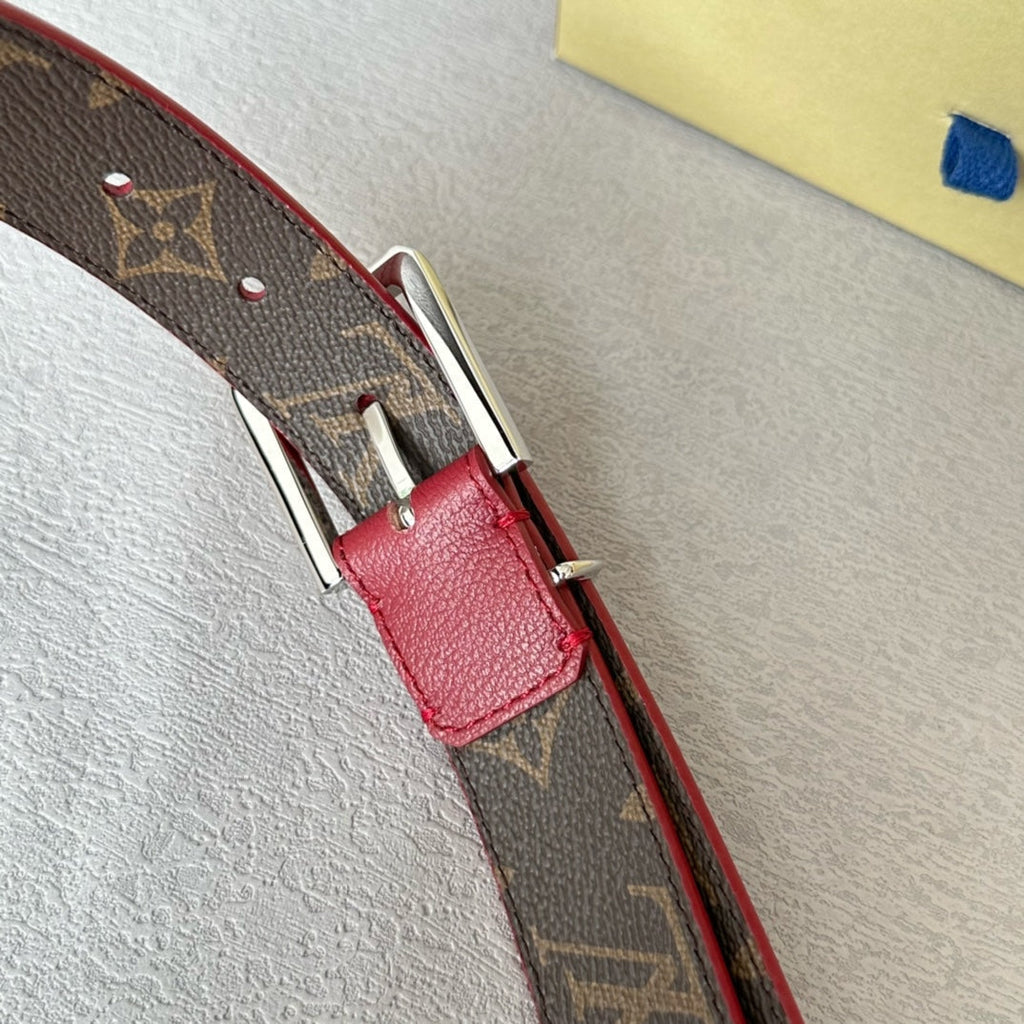 LOUIS VUITTON LV Bloom 30mm Belt Silver Buckle Burgundy Brown Leather