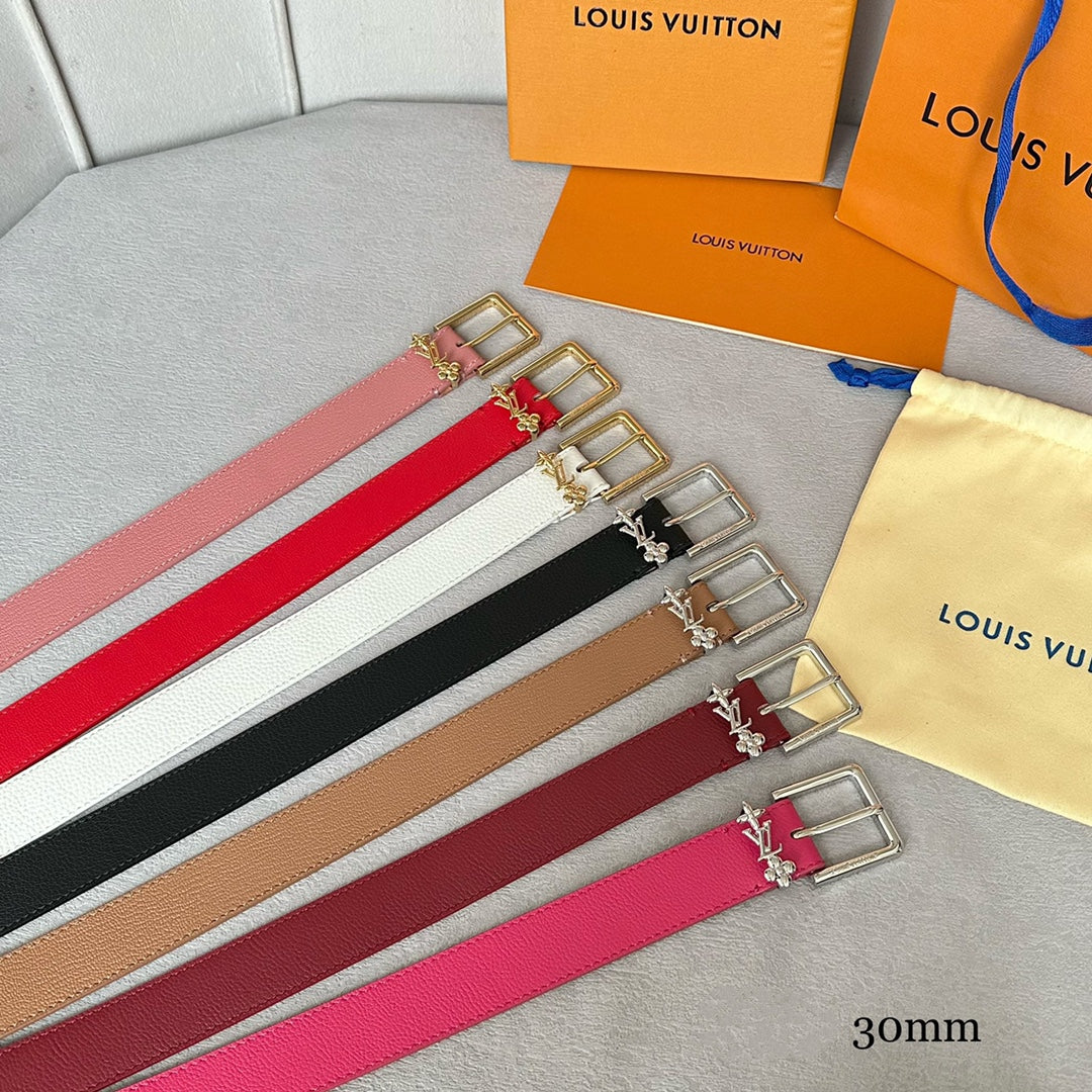 LOUIS VUITTON LV Bloom 30mm Belt Silver Buckle Burgundy Brown Leather