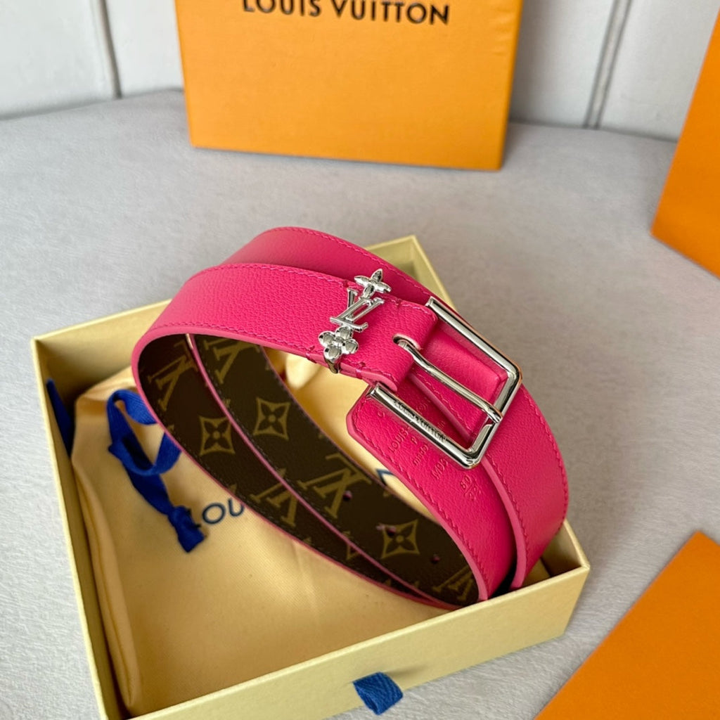 LOUIS VUITTON LV Bloom 30mm Belt Silver Buckle Hot Pink Brown Leather