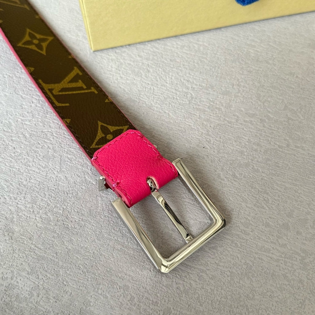 LOUIS VUITTON LV Bloom 30mm Belt Silver Buckle Hot Pink Brown Leather