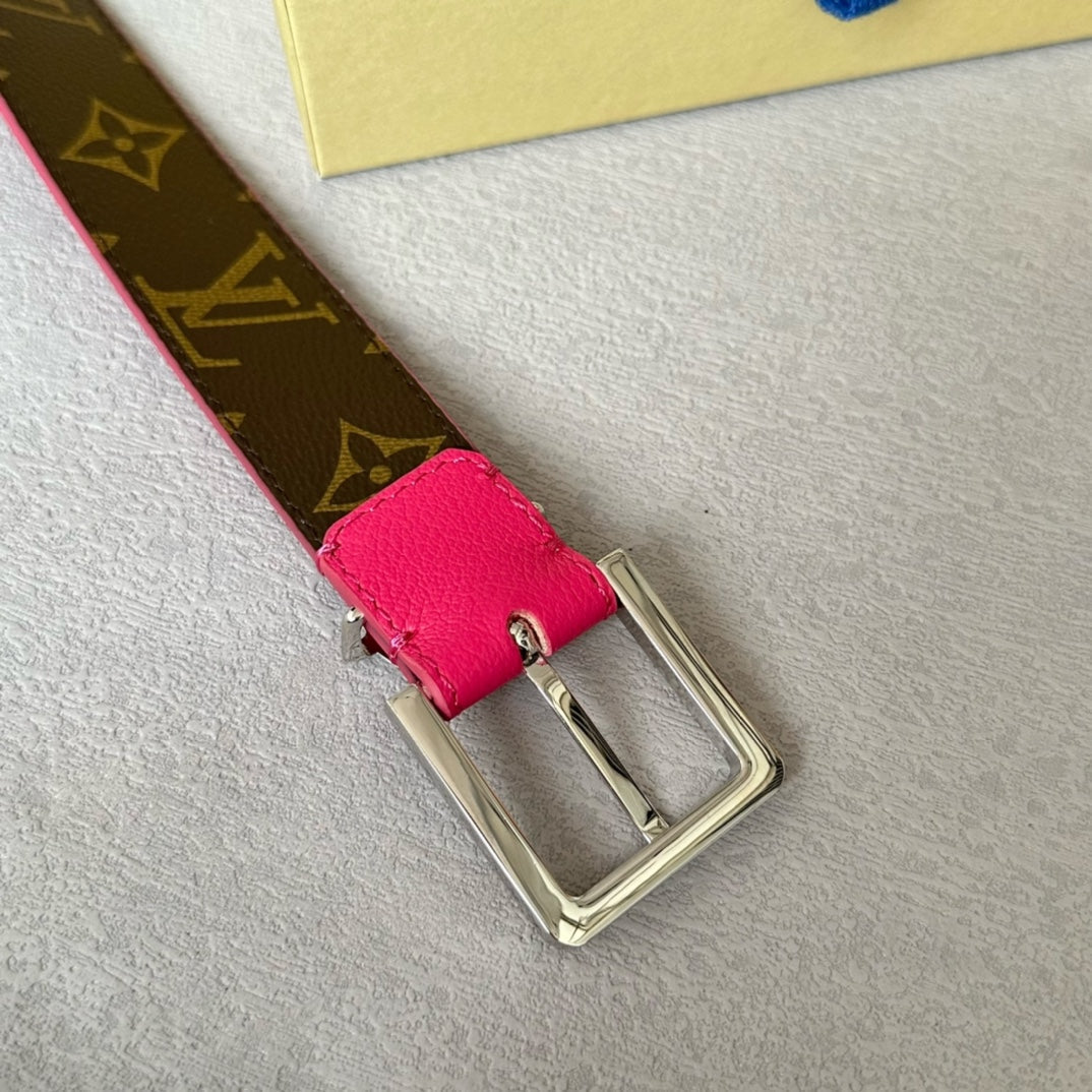 LOUIS VUITTON LV Bloom 30mm Belt Silver Buckle Hot Pink Brown Leather