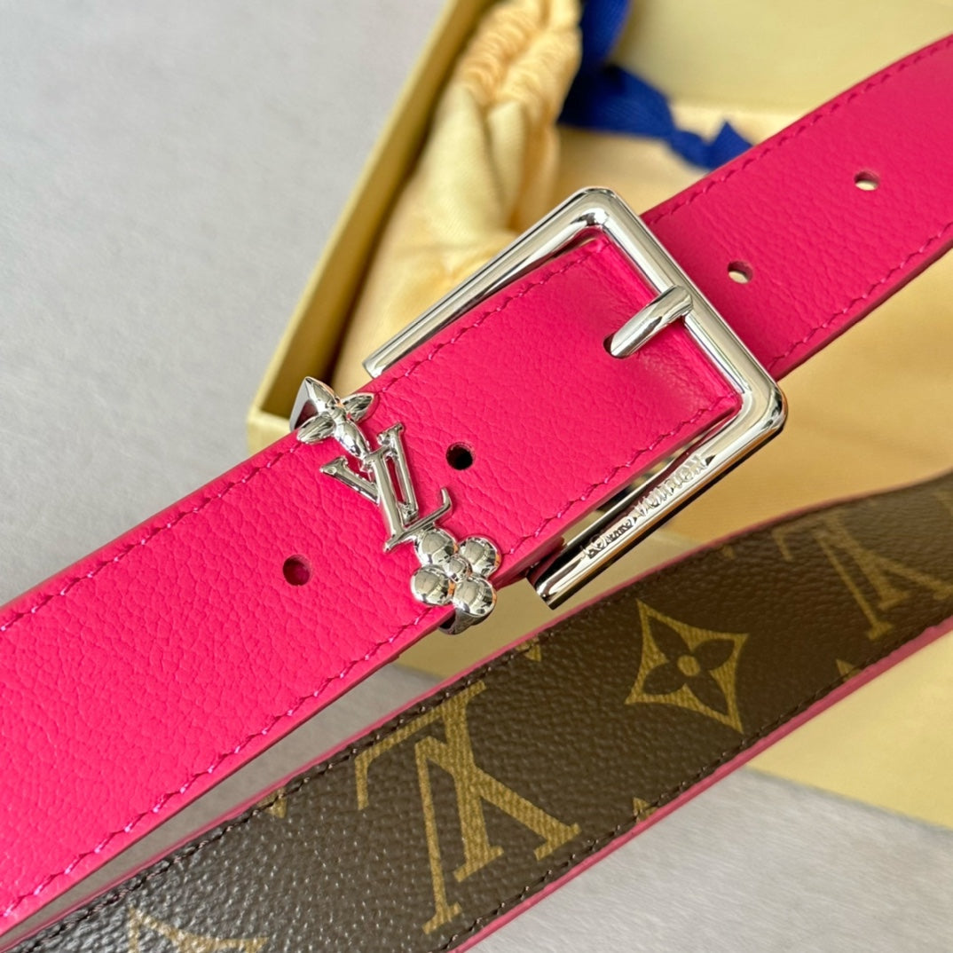 LOUIS VUITTON LV Bloom 30mm Belt Silver Buckle Hot Pink Brown Leather