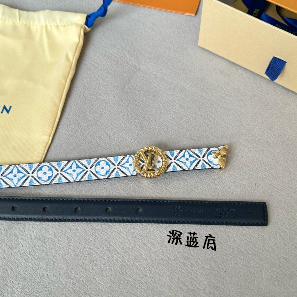 LOUIS VUITTON PRETTY LV 20MM REVERSIBLE BELT WHITE AND BLUE CALFSKIN GOLD HARDWARE