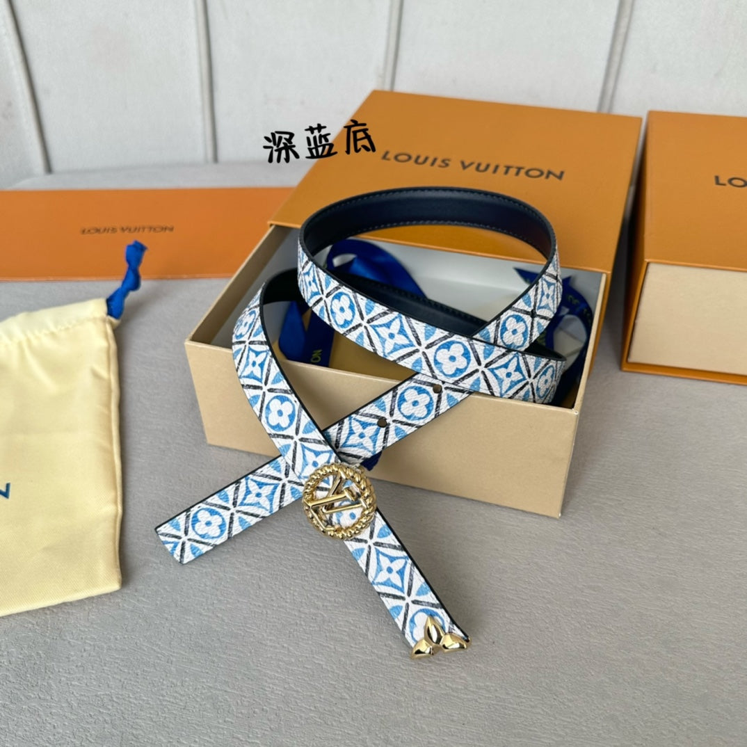 LOUIS VUITTON PRETTY LV 20MM REVERSIBLE BELT WHITE AND BLUE CALFSKIN GOLD HARDWARE