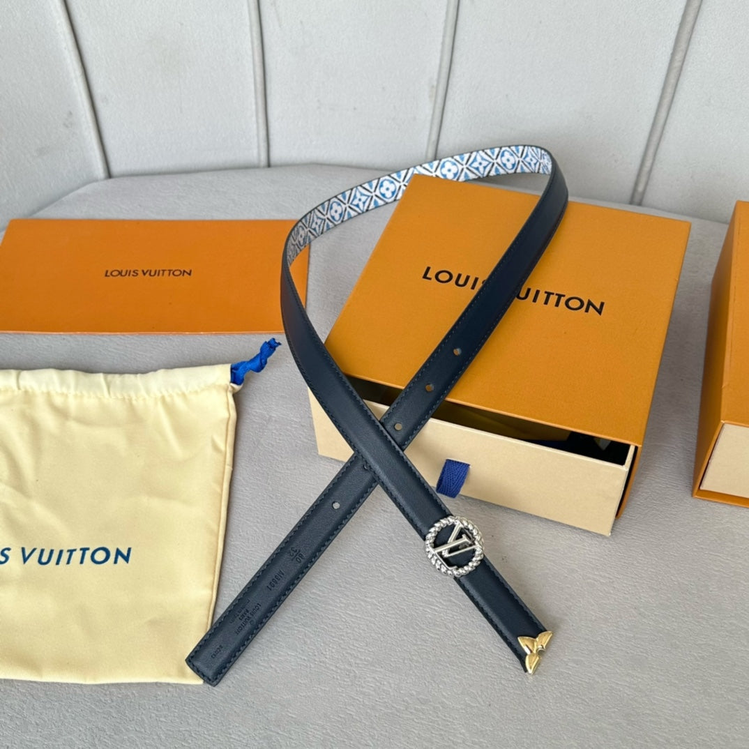 LOUIS VUITTON LV Circle Nautical 20mm Reversible Belt Silver Buckle Black White Blue Lambskin