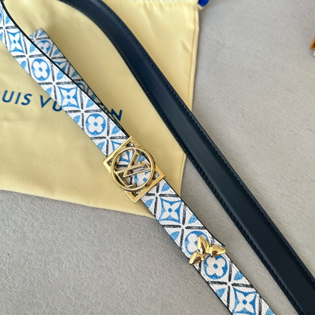 LOUIS VUITTON Josephine 20mm Reversible Belt Gold Buckle Black White Blue Leather