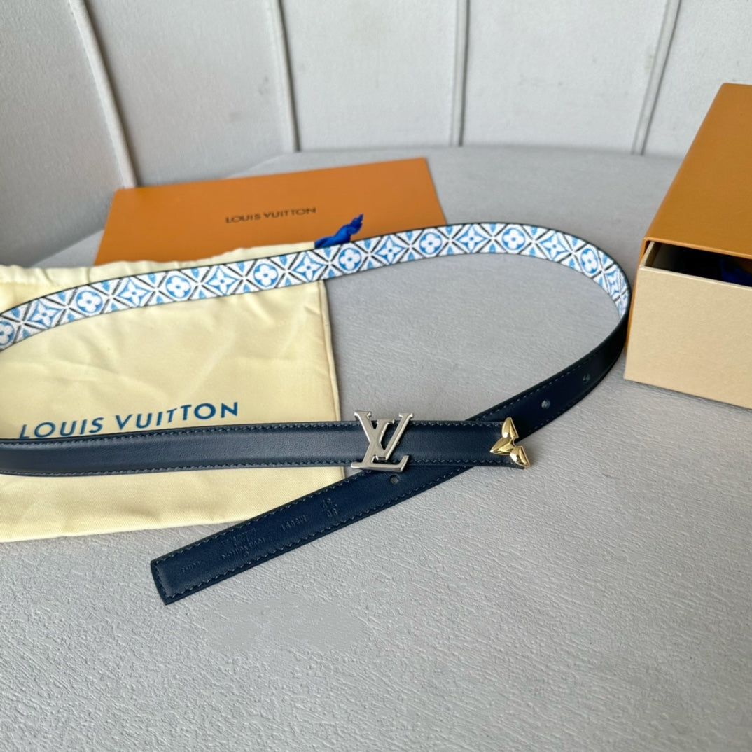 LOUIS VUITTON Pretty LV 20mm Reversible Belt Silver Buckle Black White Blue Leather