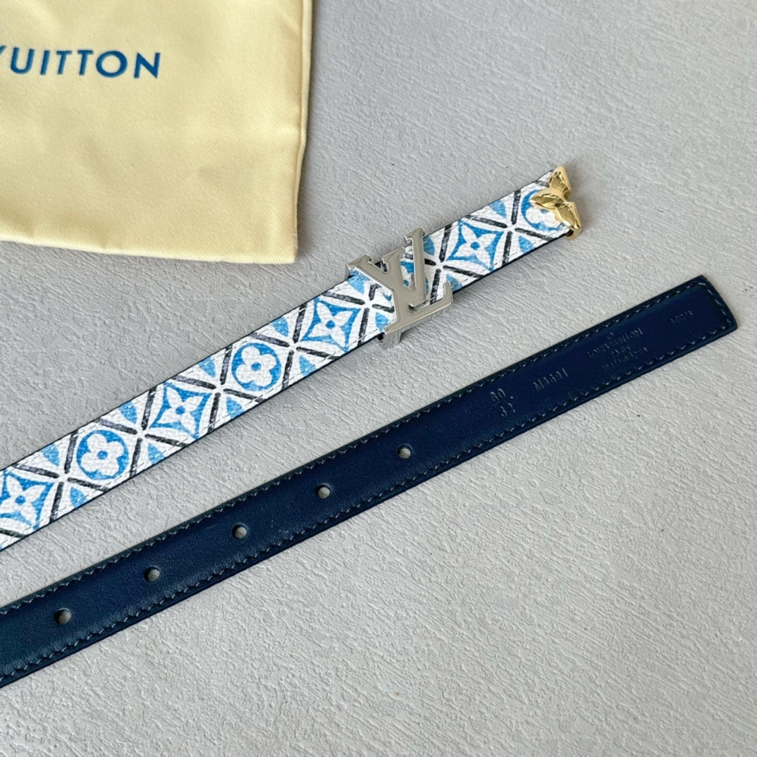 LOUIS VUITTON Pretty LV 20mm Reversible Belt Silver Buckle Black White Blue Leather