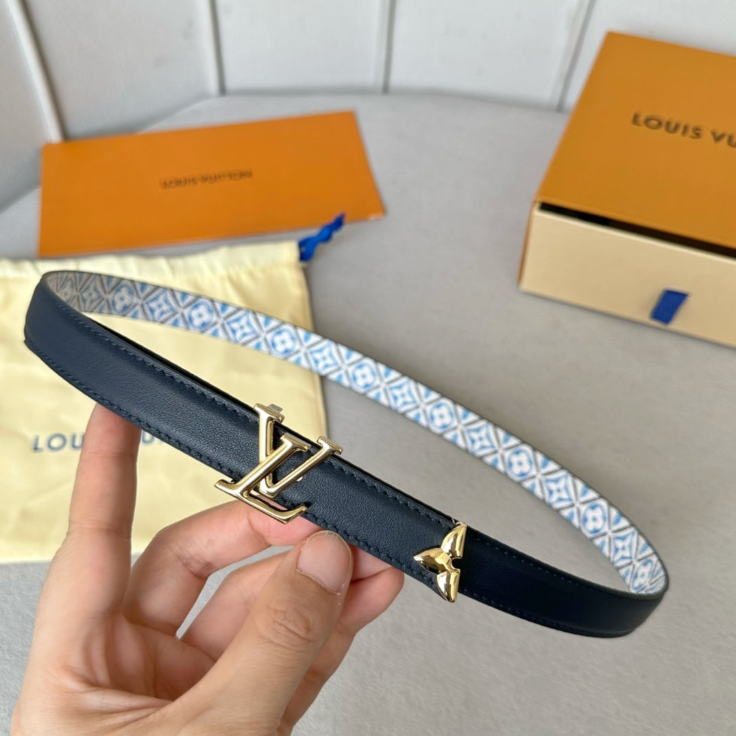LOUIS VUITTON Pretty LV 20mm Reversible Belt Gold Buckle Black White Blue Leather