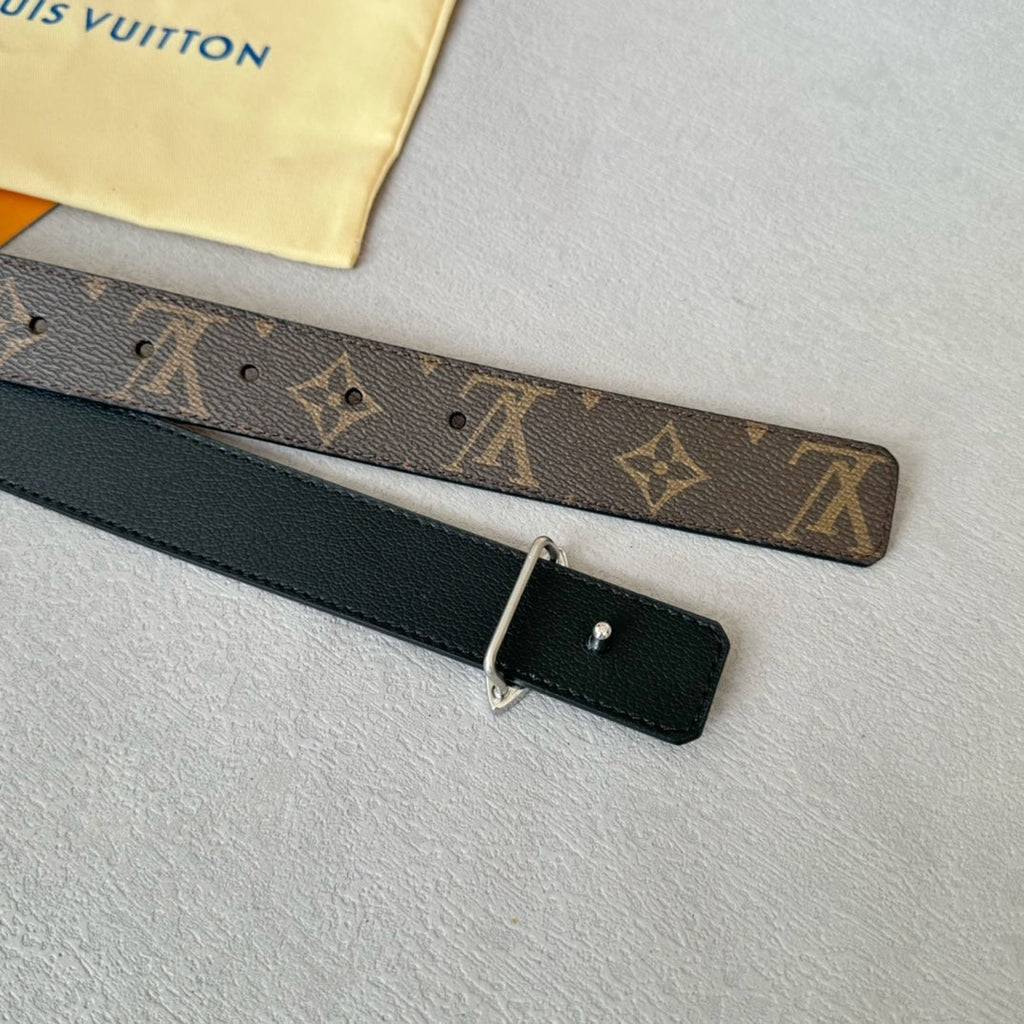LOUIS VUITTON LV  MINI FLOWERGRAM 30MM REVERSIBLE BELT IN BLACK CALFSKIN SILVER HARDWARE