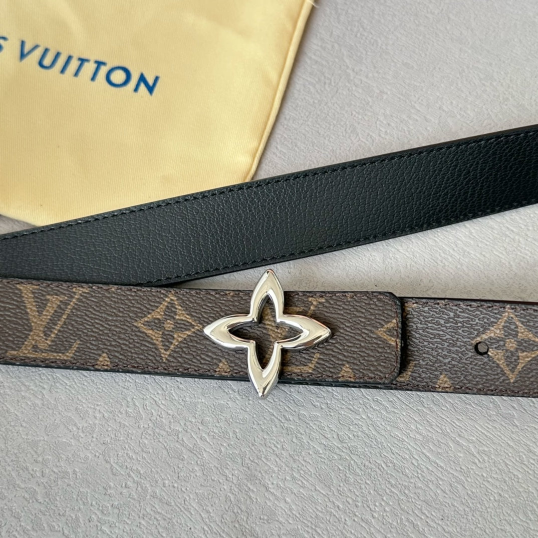 LOUIS VUITTON LV  MINI FLOWERGRAM 30MM REVERSIBLE BELT IN BLACK CALFSKIN SILVER HARDWARE