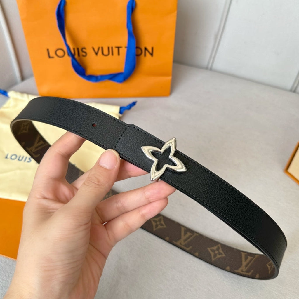 LOUIS VUITTON LV Flowergram 30mm Reversible Belt Silver Buckle Black Brown Leather