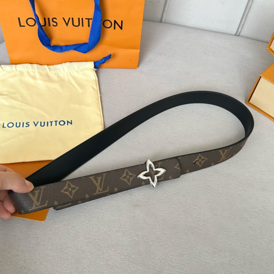 LOUIS VUITTON LV Flowergram 30mm Reversible Belt Silver Buckle Black Brown Leather