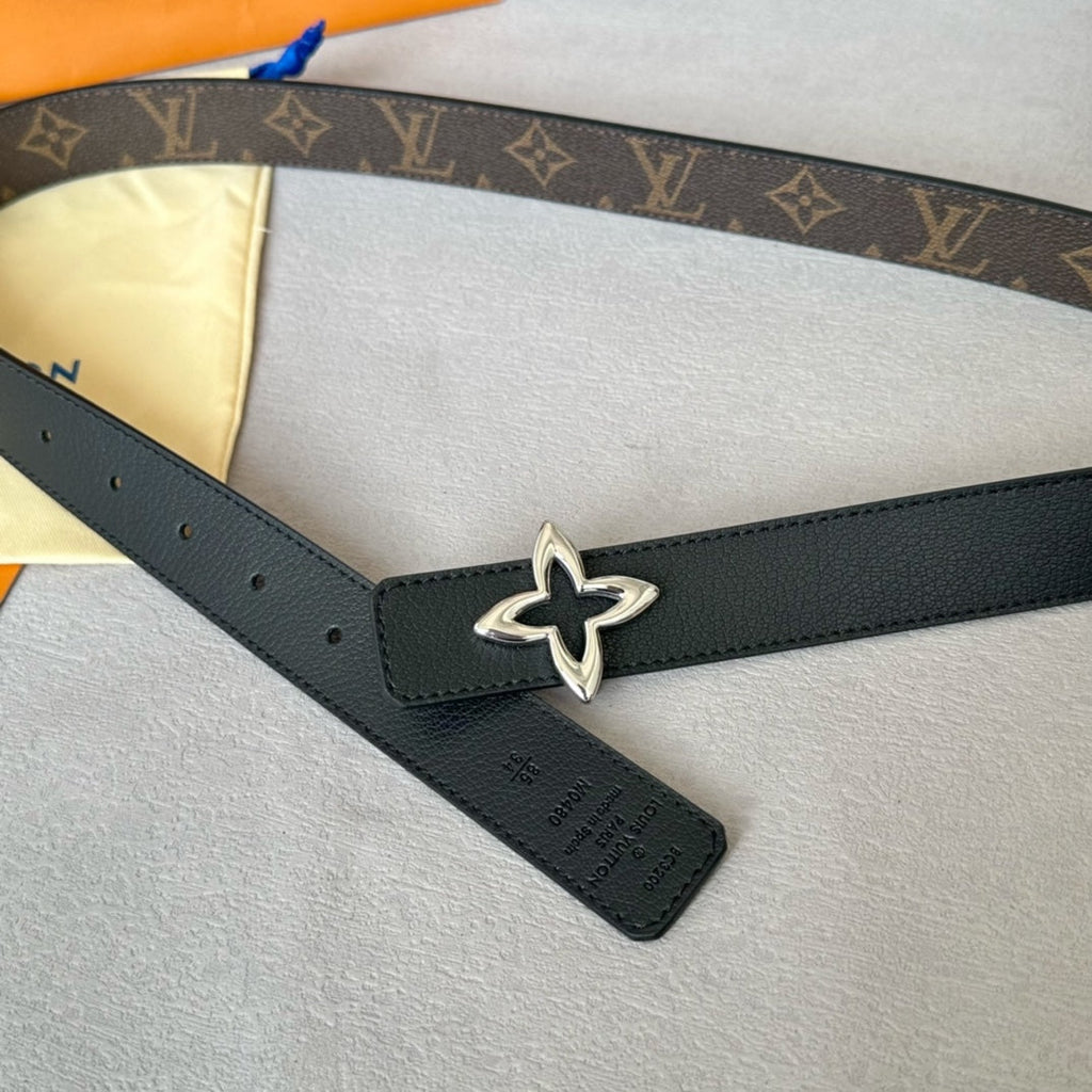 LOUIS VUITTON LV  MINI FLOWERGRAM 30MM REVERSIBLE BELT IN BLACK CALFSKIN SILVER HARDWARE