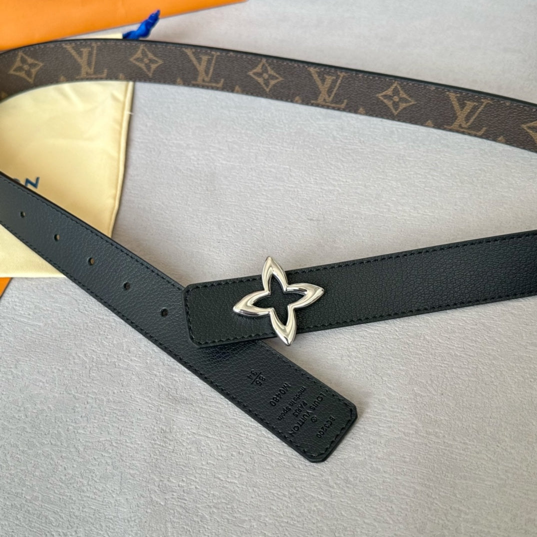 LOUIS VUITTON LV  MINI FLOWERGRAM 30MM REVERSIBLE BELT IN BLACK CALFSKIN SILVER HARDWARE