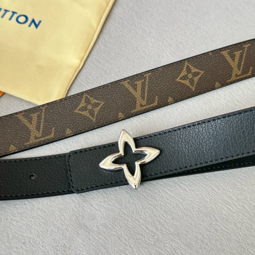 LOUIS VUITTON LV Flowergram 30mm Reversible Belt Silver Buckle Black Brown Leather
