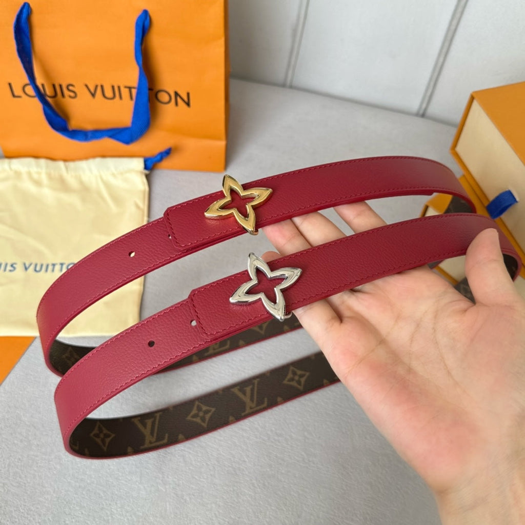 LOUIS VUITTON LV  MINI FLOWERGRAM 30MM REVERSIBLE BELT IN BLOOD RED CALFSKIN SILVER HARDWARE