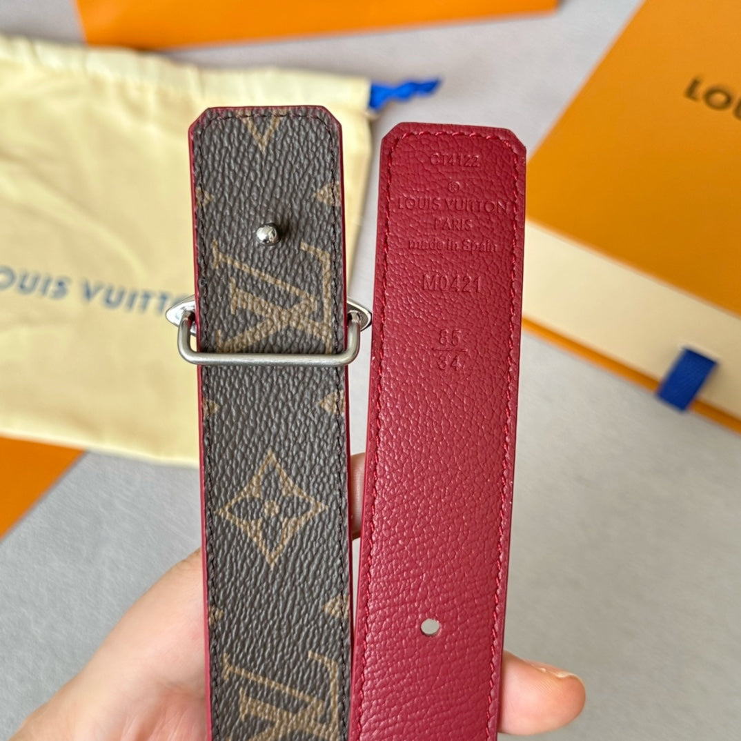LOUIS VUITTON LV  MINI FLOWERGRAM 30MM REVERSIBLE BELT IN BLOOD RED CALFSKIN SILVER HARDWARE