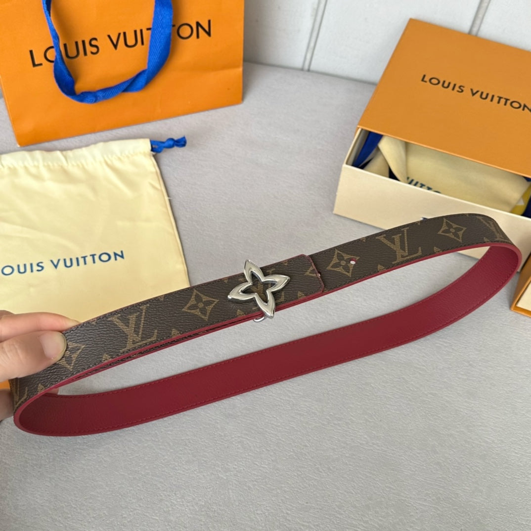 LOUIS VUITTON LV Flowergram 30mm Reversible Belt Silver Buckle Burgundy Brown Leather