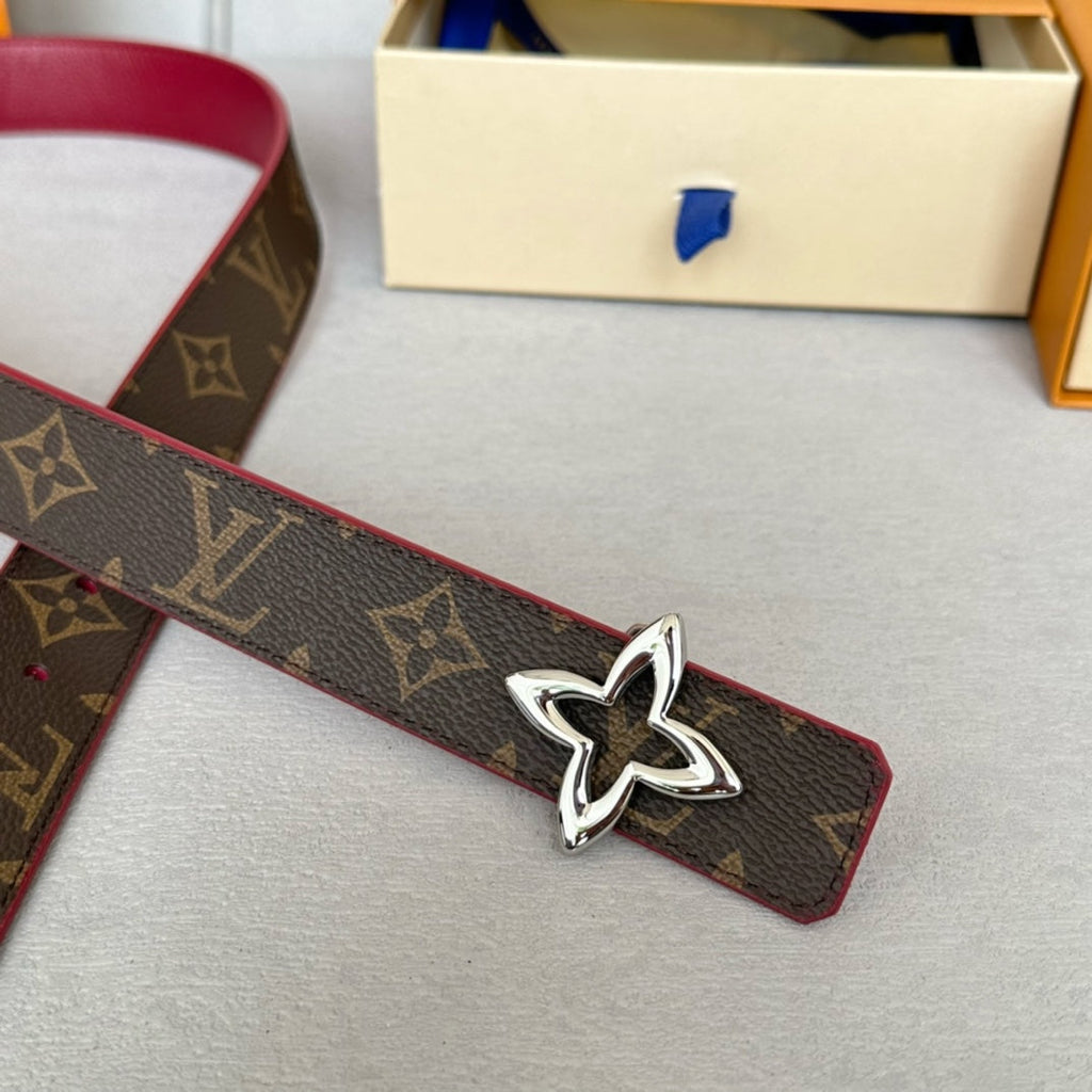 LOUIS VUITTON LV  MINI FLOWERGRAM 30MM REVERSIBLE BELT IN BLOOD RED CALFSKIN SILVER HARDWARE