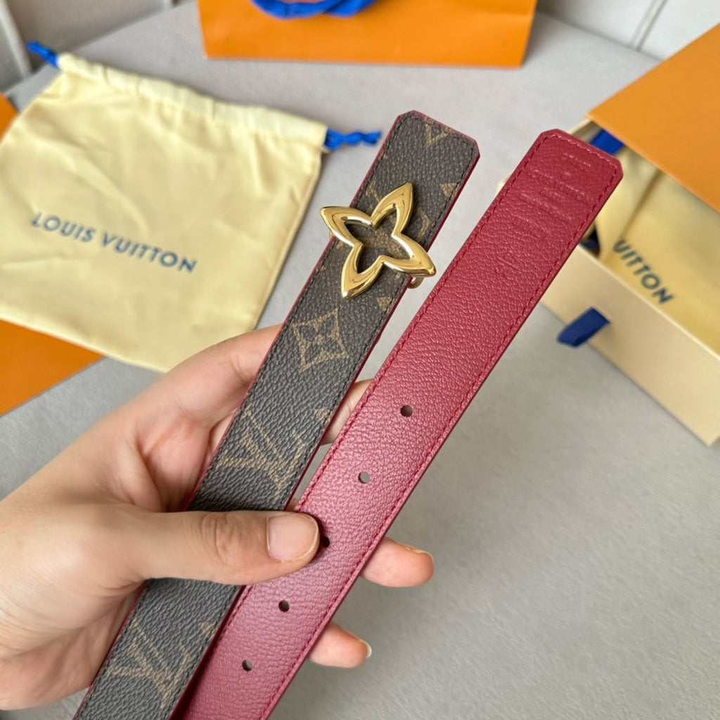 LOUIS VUITTON LV  MINI FLOWERGRAM 30MM REVERSIBLE BELT IN BLOOD RED CALFSKIN GOLD HARDWARE