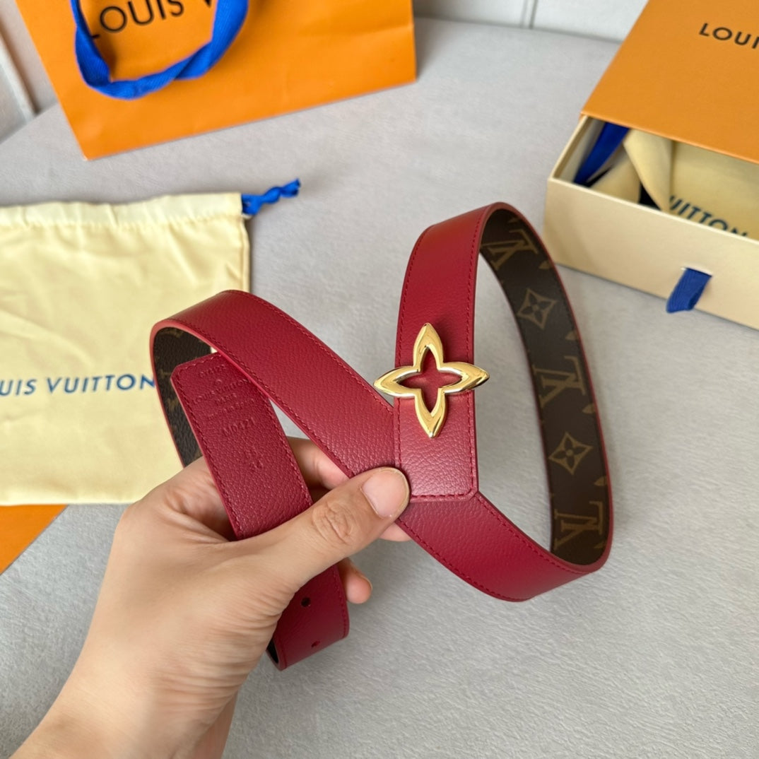 LOUIS VUITTON LV Flowergram 30mm Reversible Belt Gold Buckle Burgundy Brown Leather