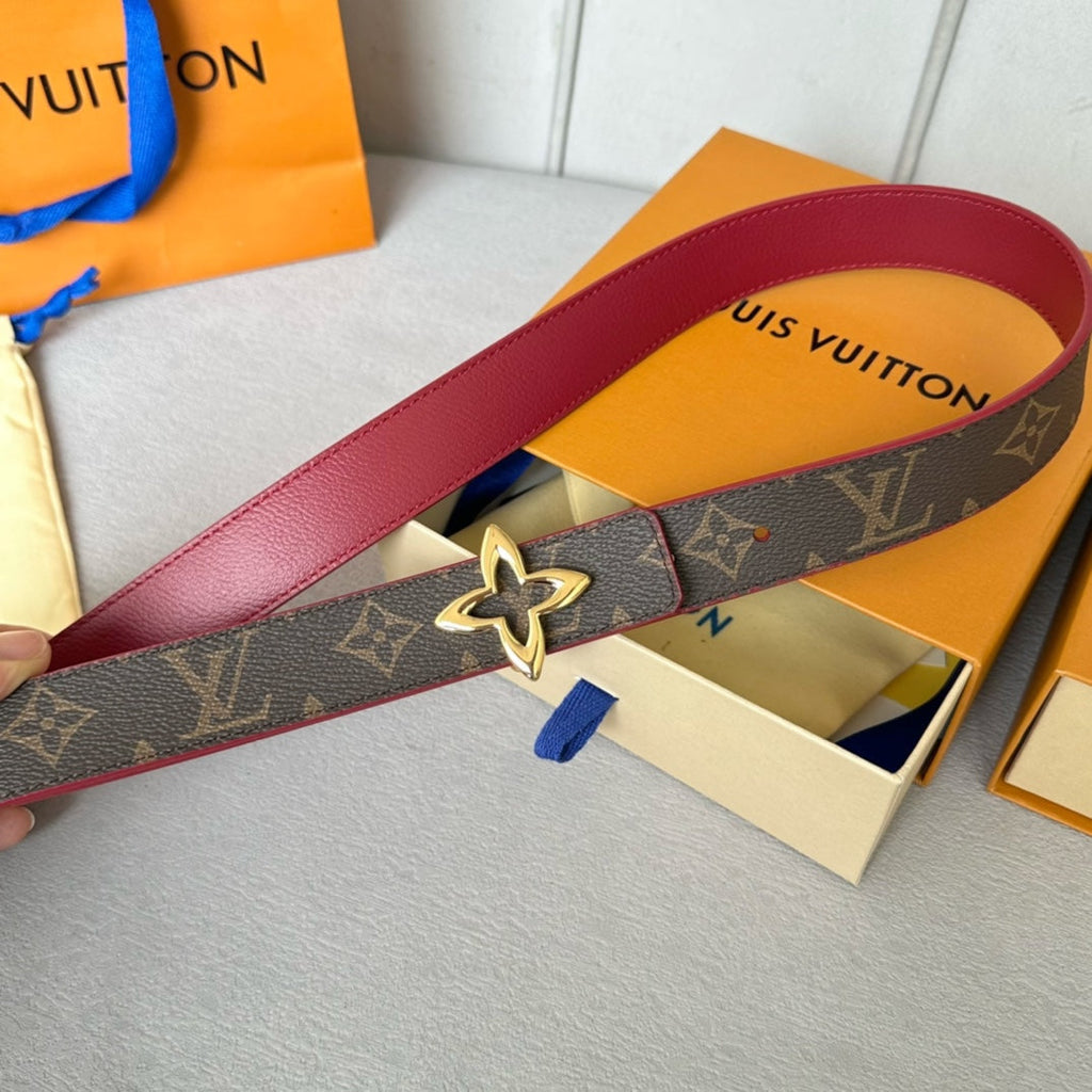 LOUIS VUITTON LV  MINI FLOWERGRAM 30MM REVERSIBLE BELT IN BLOOD RED CALFSKIN GOLD HARDWARE