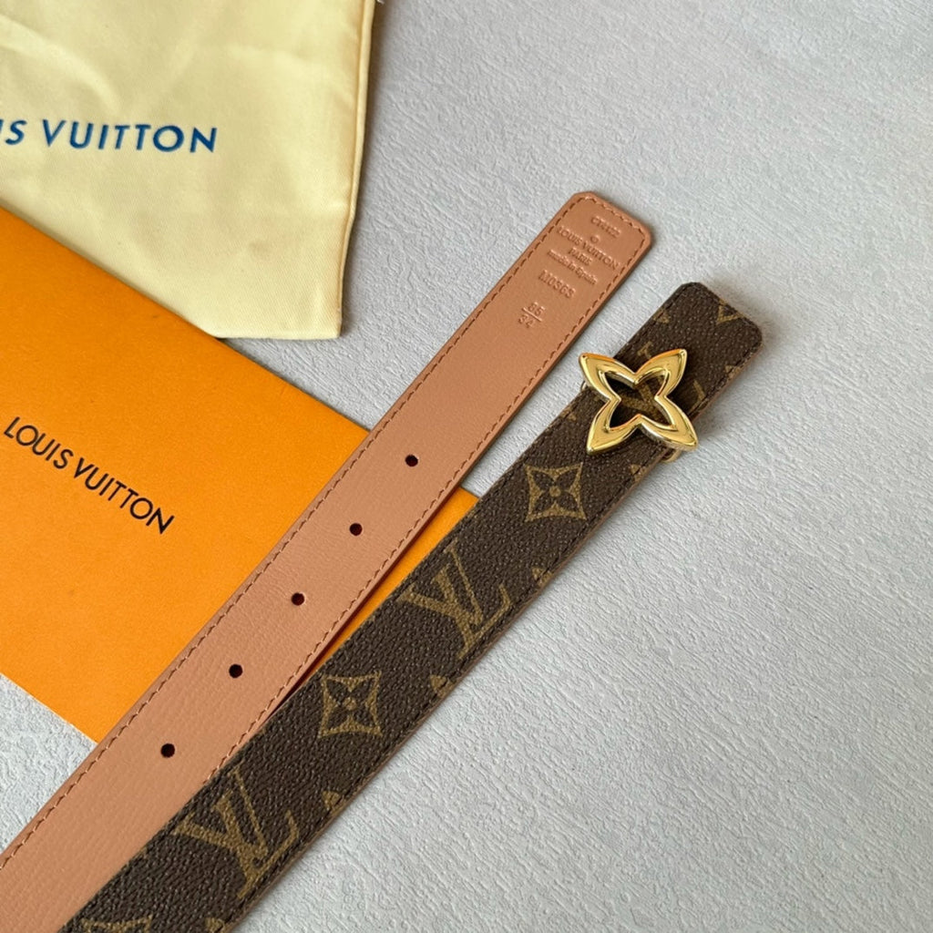 LOUIS VUITTON LV Flowergram 30mm Reversible Belt Gold Buckle Beige Brown Leather