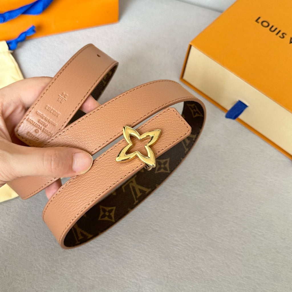 LOUIS VUITTON LV  MINI FLOWERGRAM 30MM REVERSIBLE BELT IN BUFF BROWN CALFSKIN GOLD HARDWARE