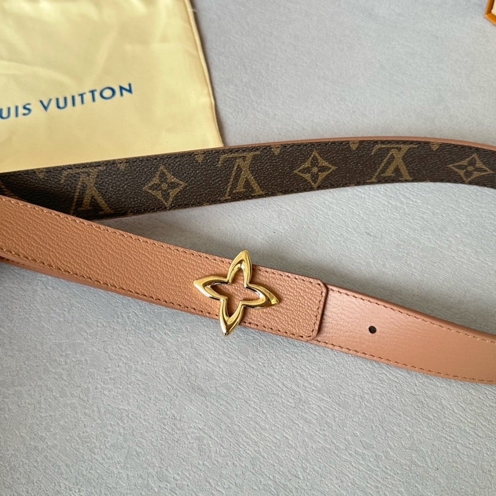 LOUIS VUITTON LV  MINI FLOWERGRAM 30MM REVERSIBLE BELT IN BUFF BROWN CALFSKIN GOLD HARDWARE