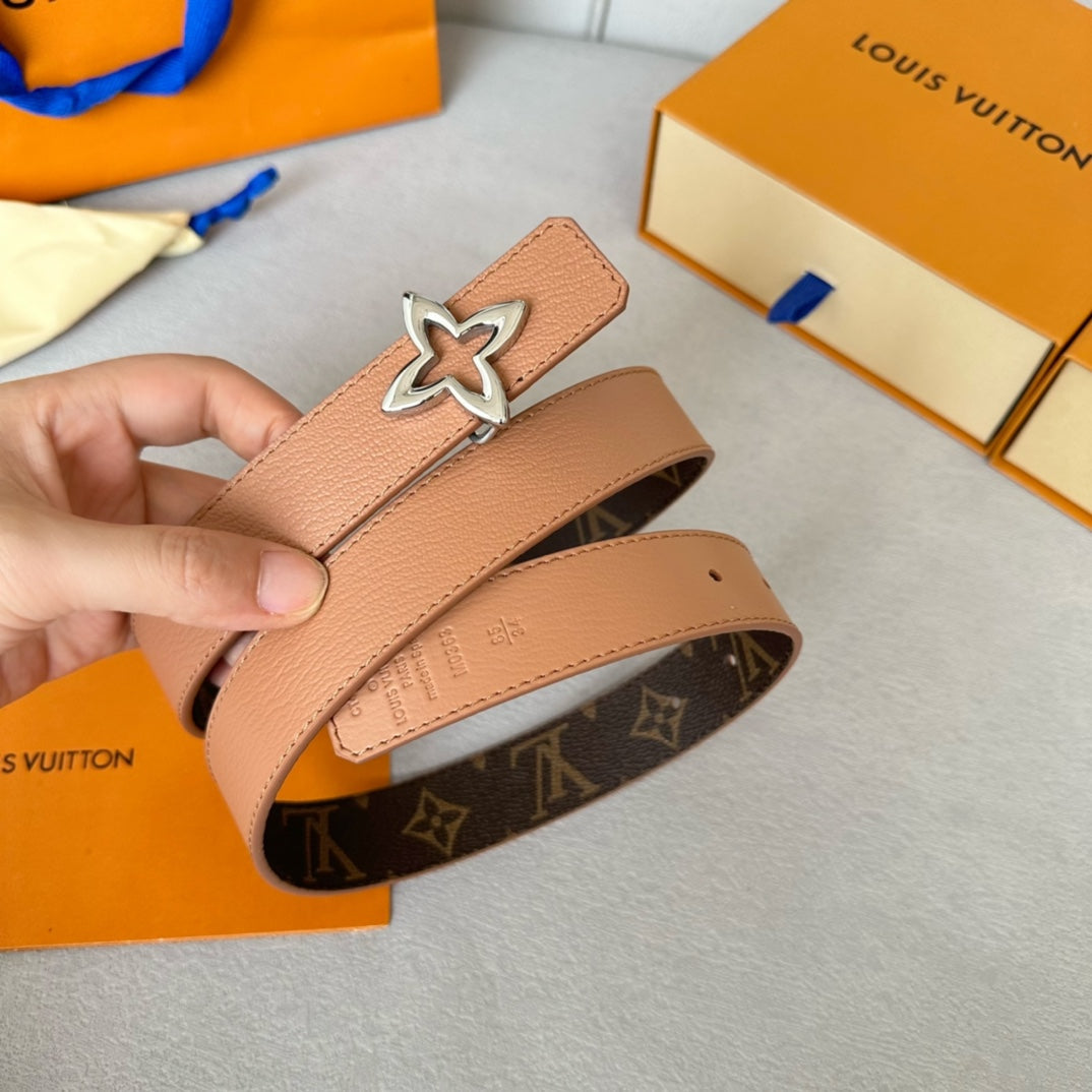 LOUIS VUITTON LV  MINI FLOWERGRAM 30MM REVERSIBLE BELT IN BUFF BROWN CALFSKIN SILVER HARDWARE