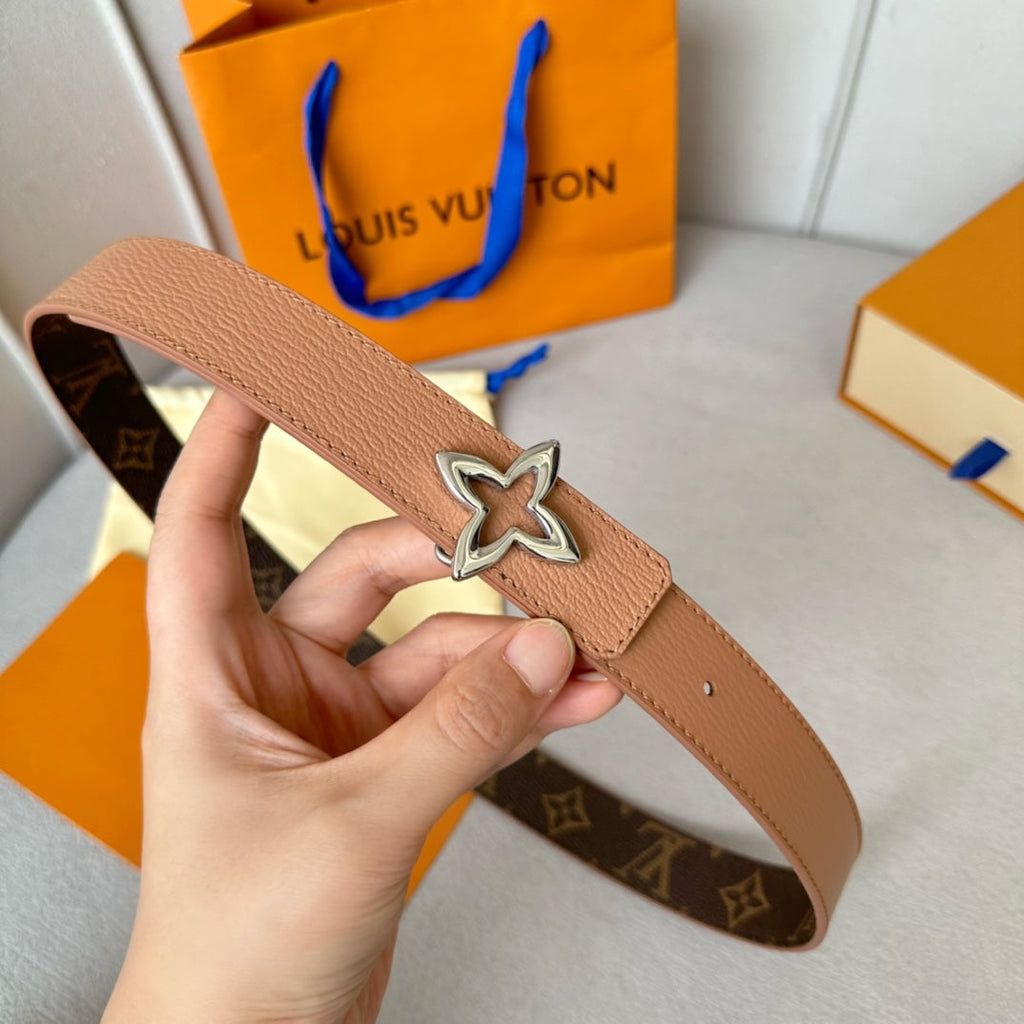 LOUIS VUITTON LV Flowergram 30mm Reversible Belt Silver Buckle Beige Brown Leather