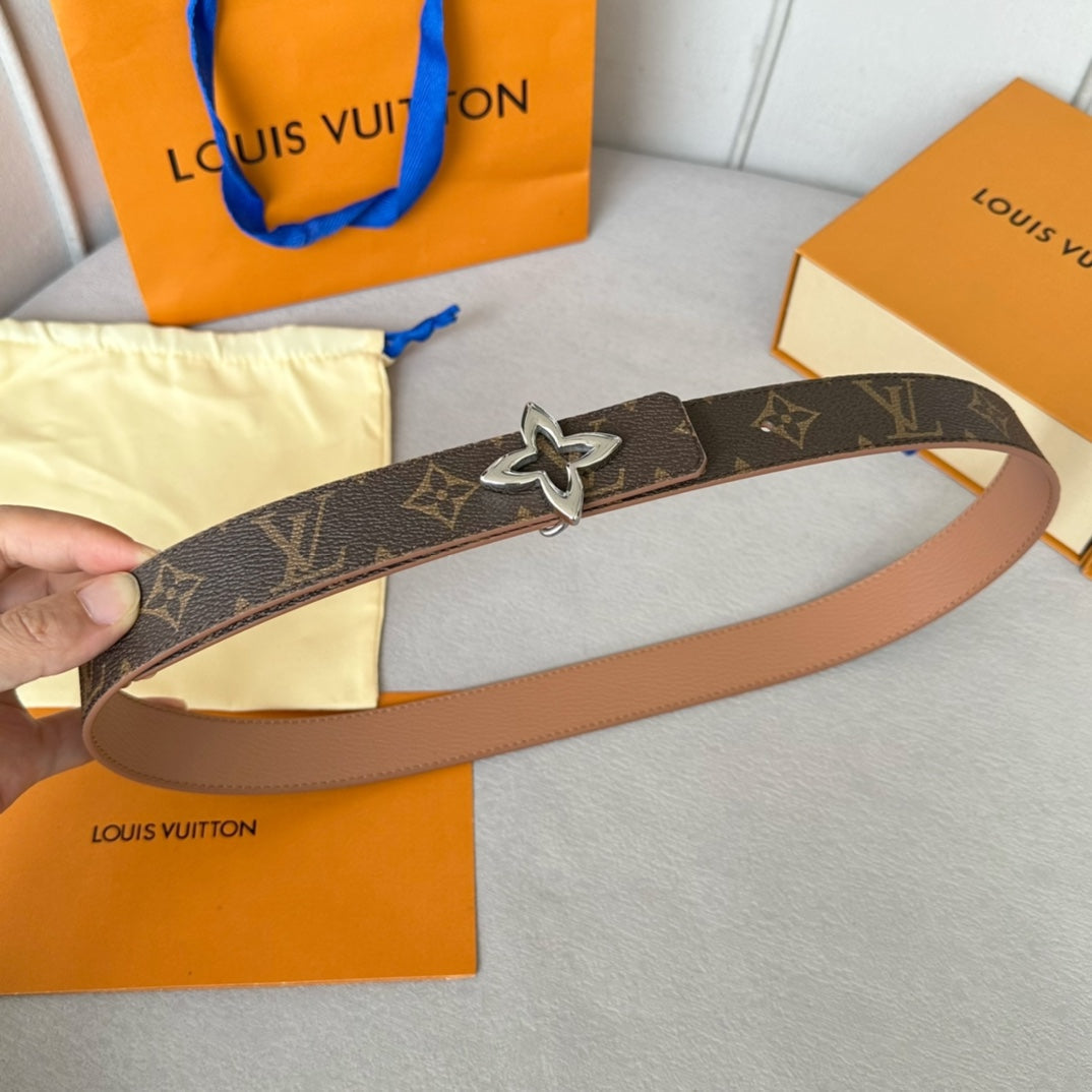LOUIS VUITTON LV  MINI FLOWERGRAM 30MM REVERSIBLE BELT IN BUFF BROWN CALFSKIN SILVER HARDWARE