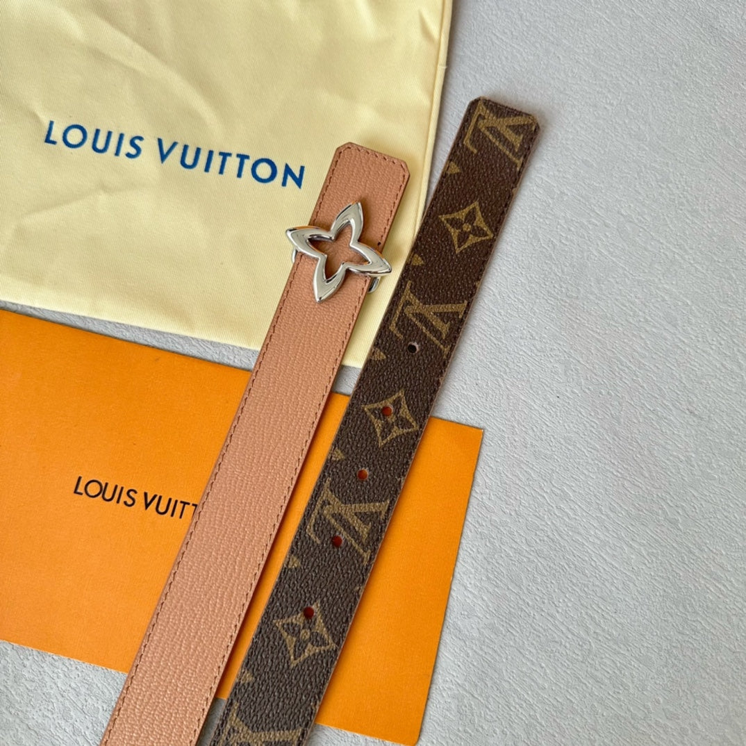 LOUIS VUITTON LV  MINI FLOWERGRAM 30MM REVERSIBLE BELT IN BUFF BROWN CALFSKIN SILVER HARDWARE