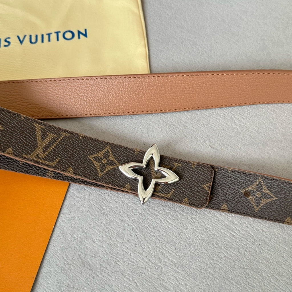 LOUIS VUITTON LV  MINI FLOWERGRAM 30MM REVERSIBLE BELT IN BUFF BROWN CALFSKIN SILVER HARDWARE