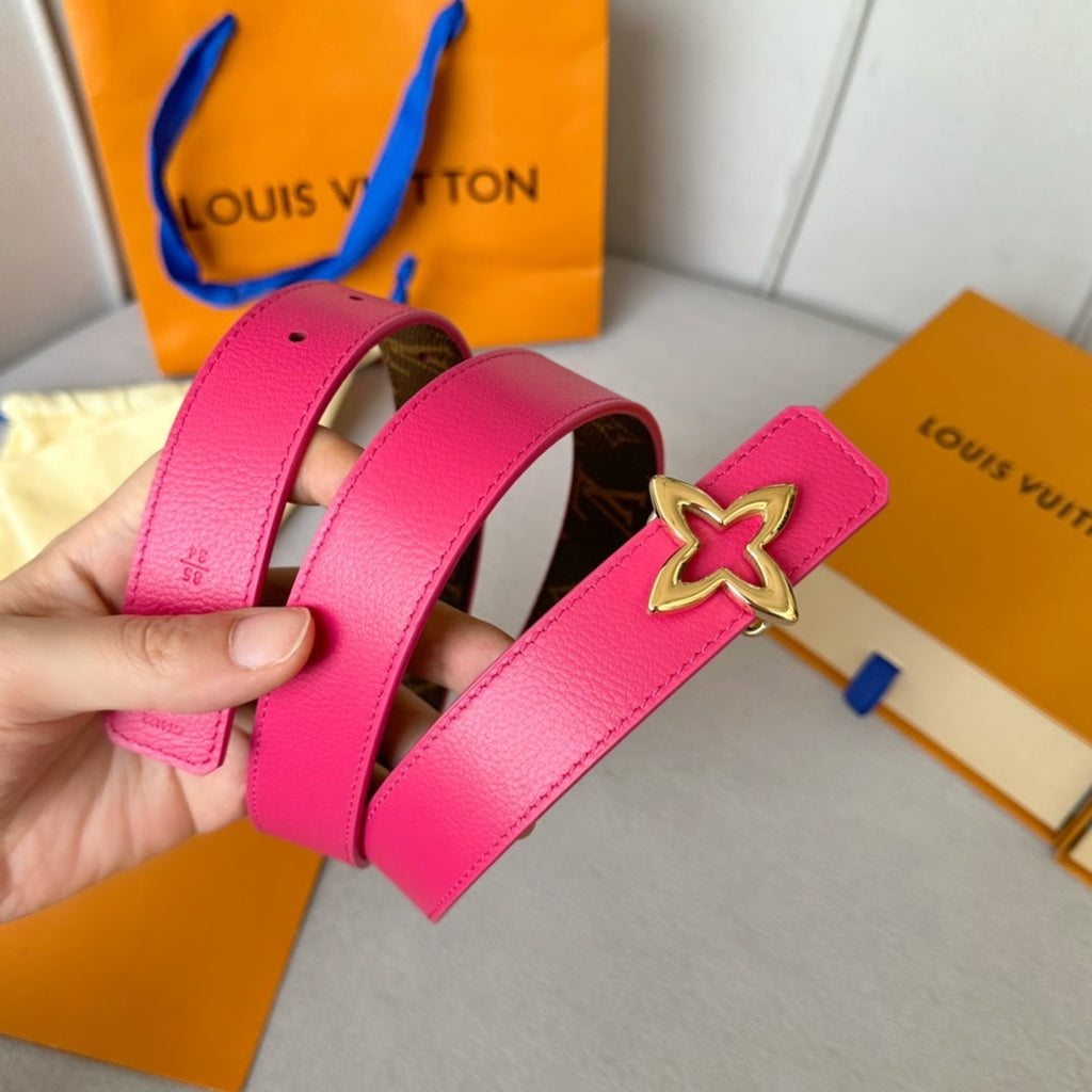 LOUIS VUITTON LV  MINI FLOWERGRAM 30MM REVERSIBLE BELT IN BRIGHT PINK CALFSKIN GOLD HARDWARE