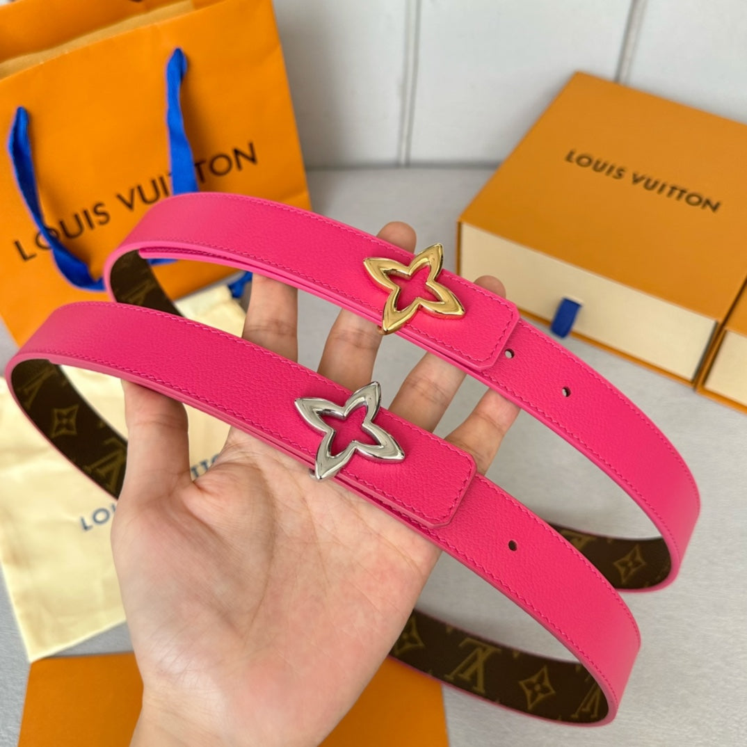 LOUIS VUITTON LV  MINI FLOWERGRAM 30MM REVERSIBLE BELT IN BRIGHT PINK CALFSKIN GOLD HARDWARE