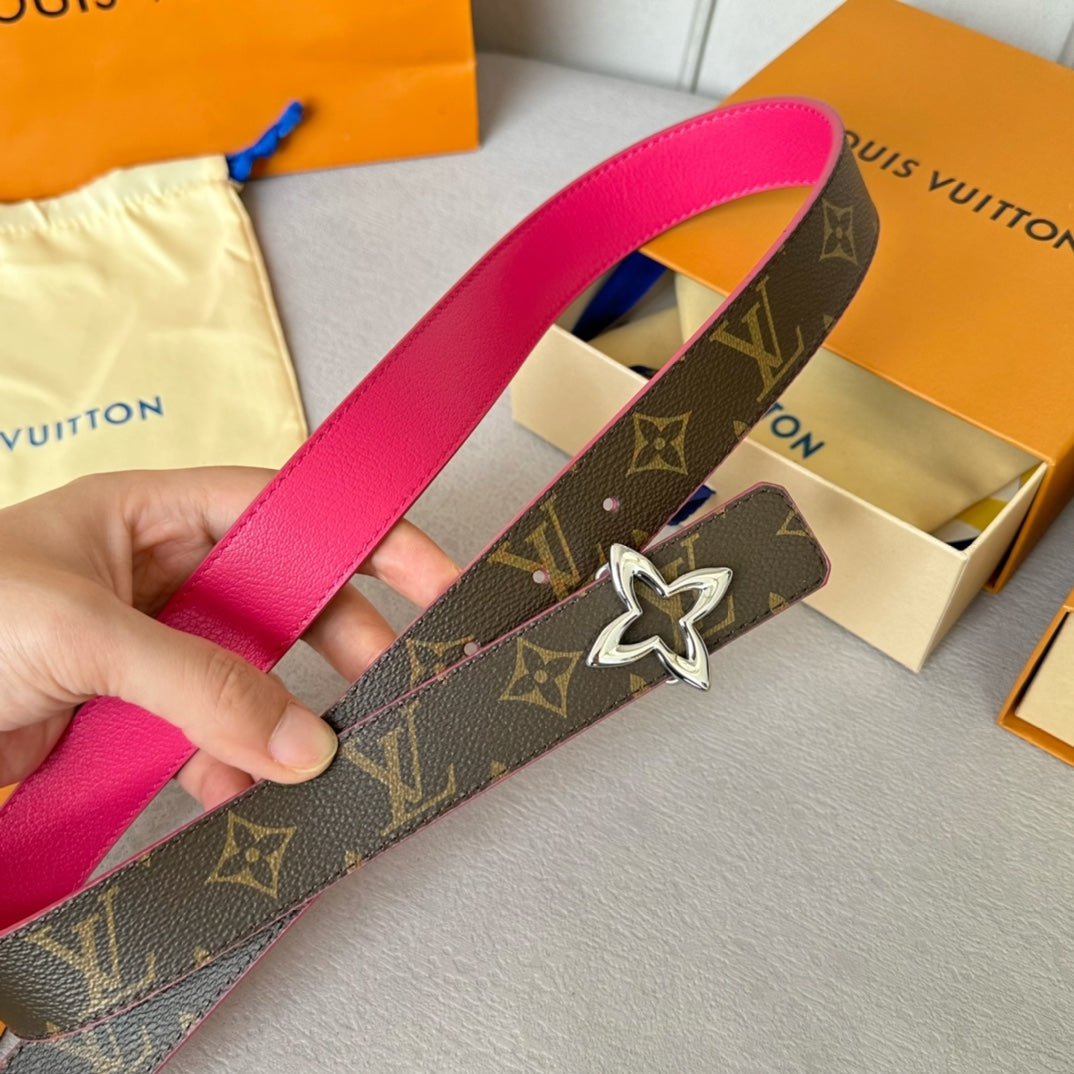 LOUIS VUITTON LV  MINI FLOWERGRAM 30MM REVERSIBLE BELT IN BRIGHT PINK CALFSKIN SILVER HARDWARE