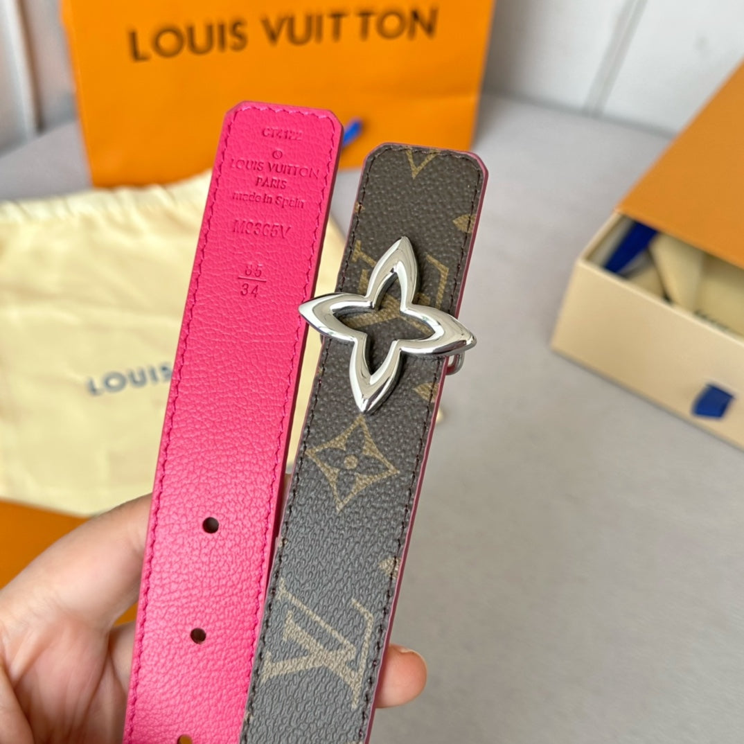 LOUIS VUITTON LV  MINI FLOWERGRAM 30MM REVERSIBLE BELT IN BRIGHT PINK CALFSKIN SILVER HARDWARE