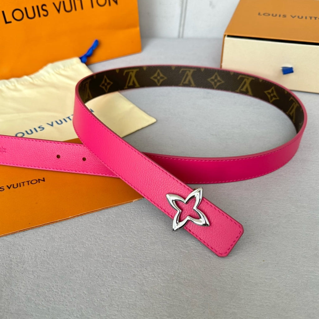 LOUIS VUITTON LV Flowergram 30mm Reversible Belt Silver Buckle Hot Pink Brown Leather
