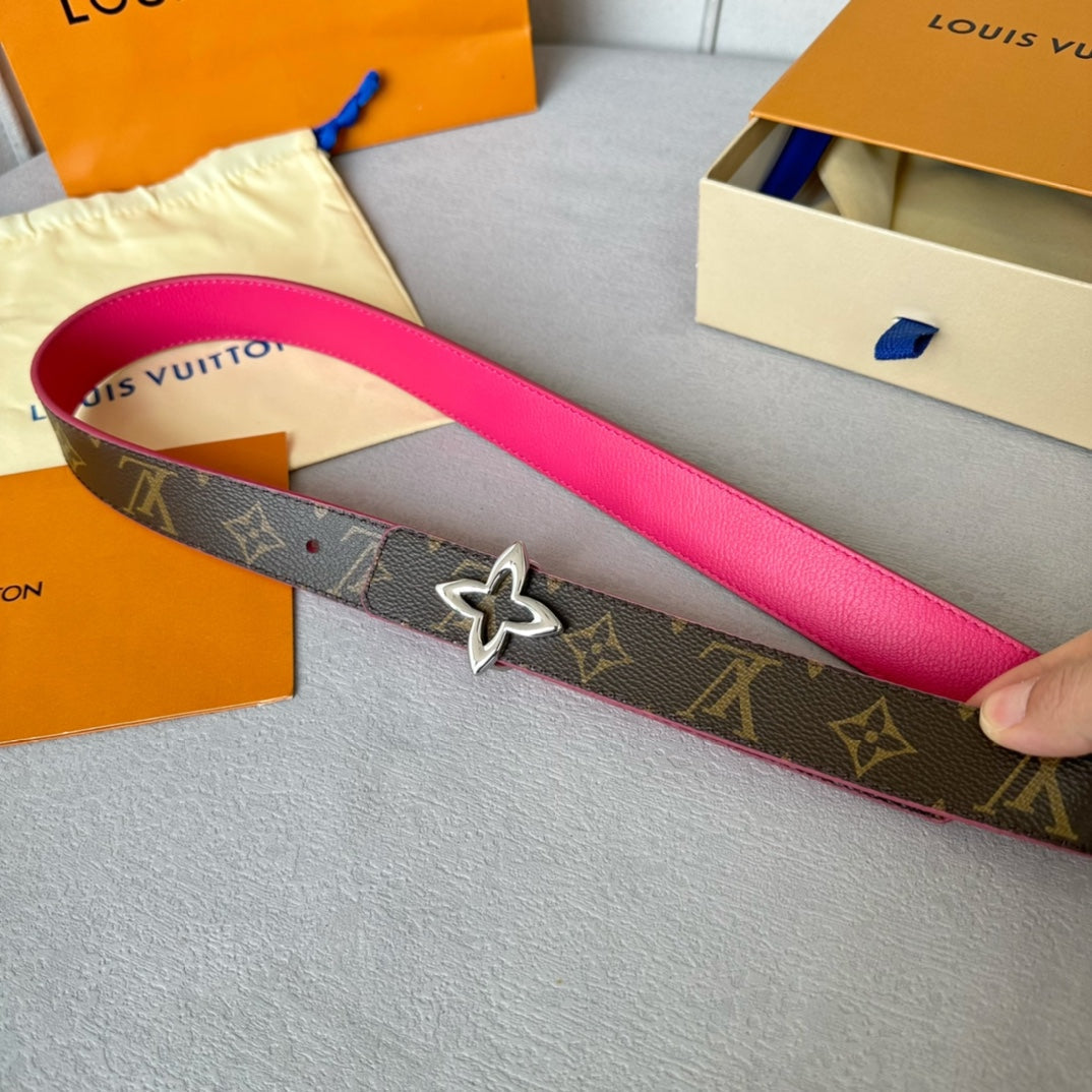 LOUIS VUITTON LV Flowergram 30mm Reversible Belt Silver Buckle Hot Pink Brown Leather