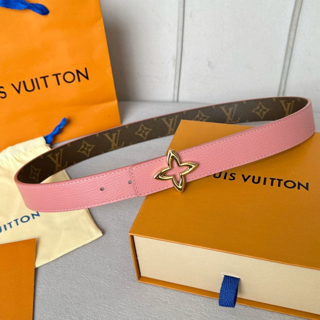 LOUIS VUITTON LV Flowergram 30mm Reversible Belt Gold Buckle Pink Brown Leather