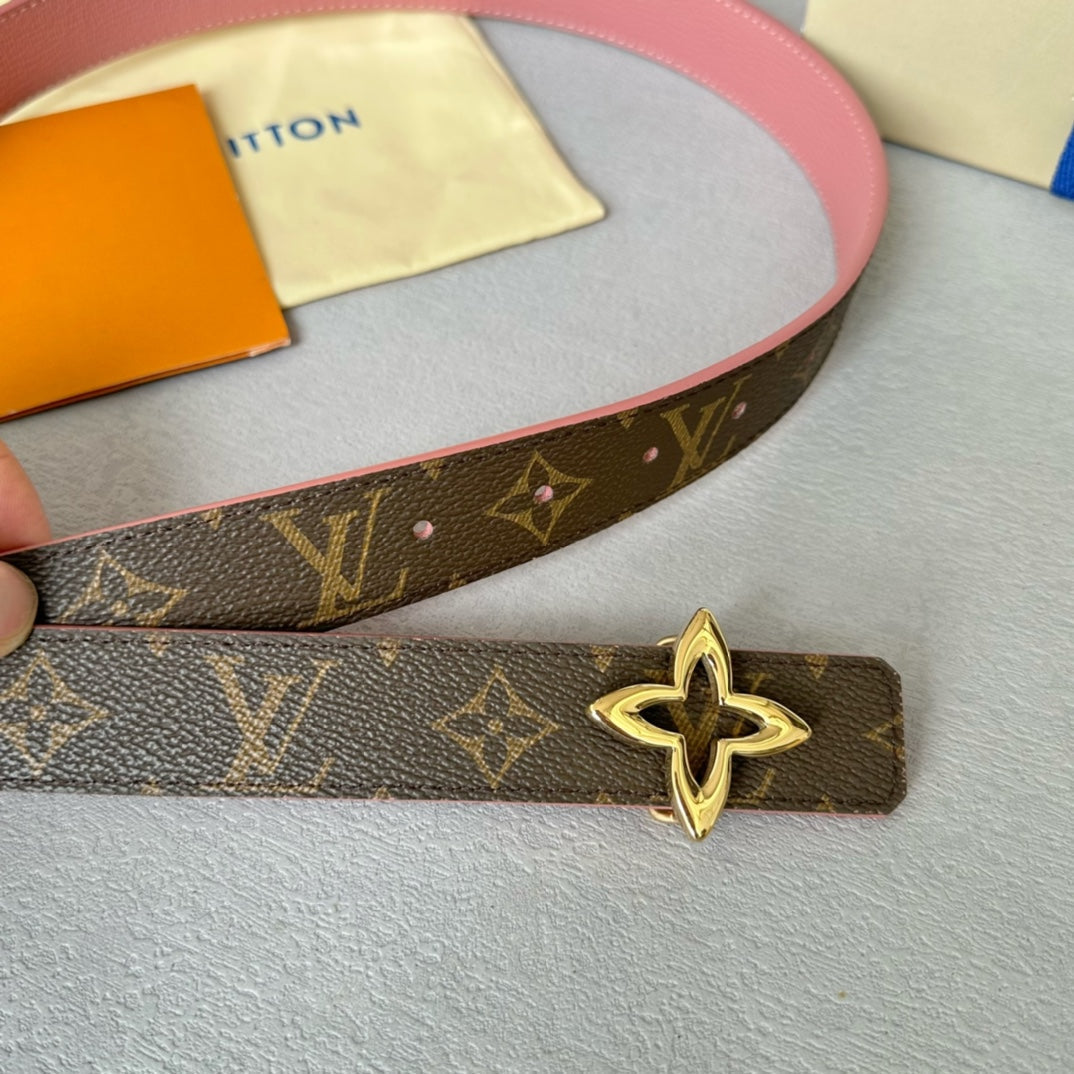 LOUIS VUITTON LV Flowergram 30mm Reversible Belt Gold Buckle Pink Brown Leather